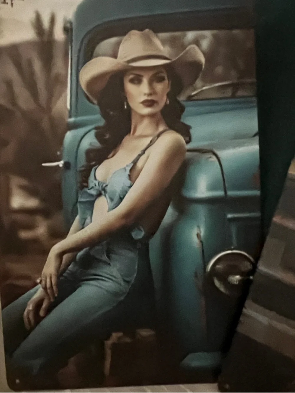 Beautiful Vintage Pin-Up Country Girl Metal Wall Art - Teal & Rust